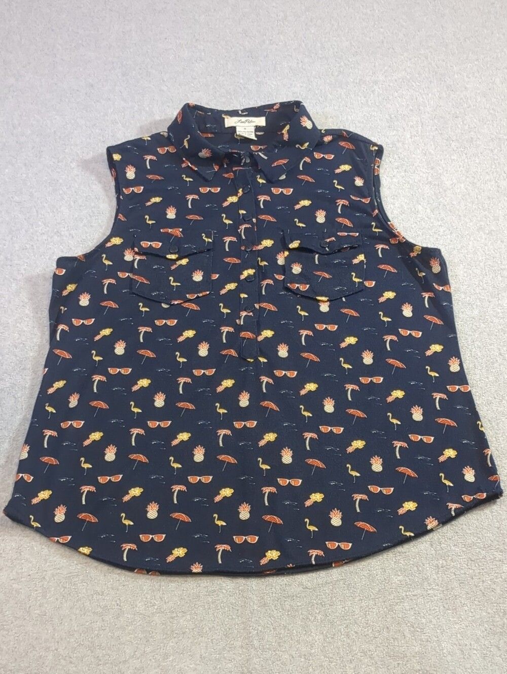 Love Potion, Sleeveless Navy Blue, Tropical Print Top- , Sz M